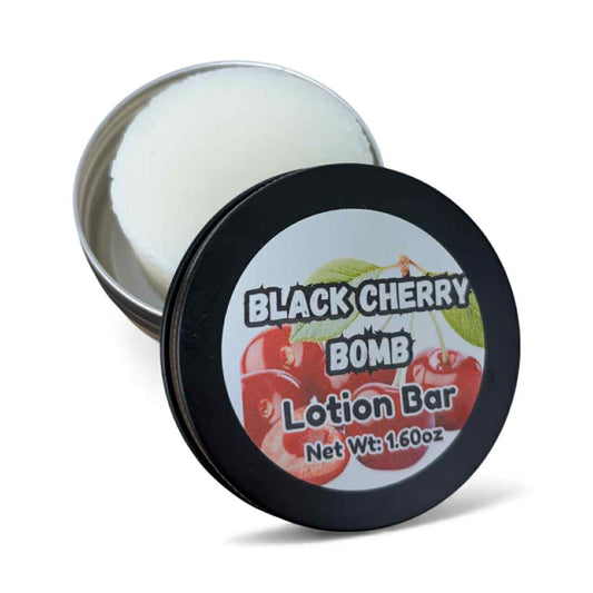 Black Cherry Bomb Lotion Bar in a container with a label on a white background