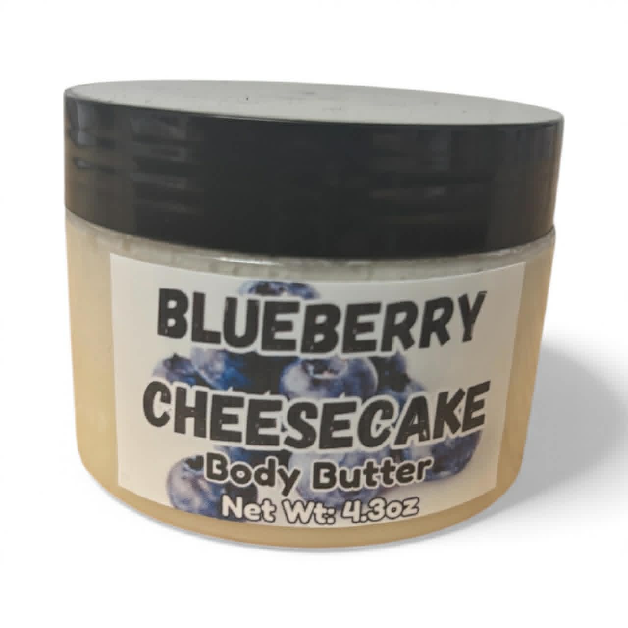 Jar of blueberry cheesecake body butter with a black lid on a white background