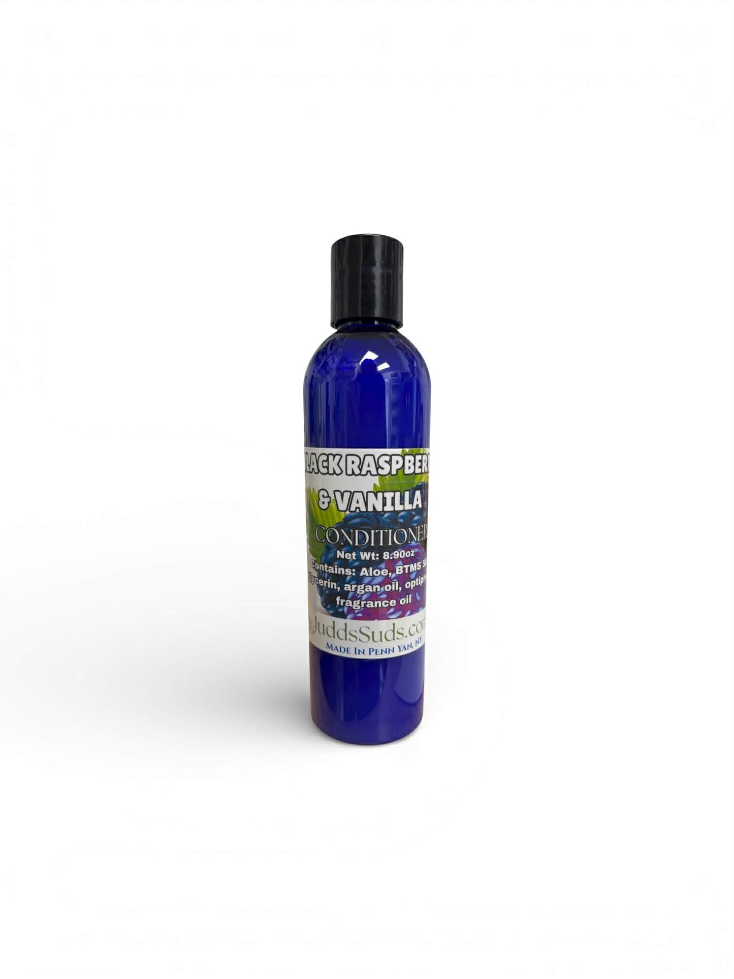 Bottle of raspberry and vanilla product on a white background