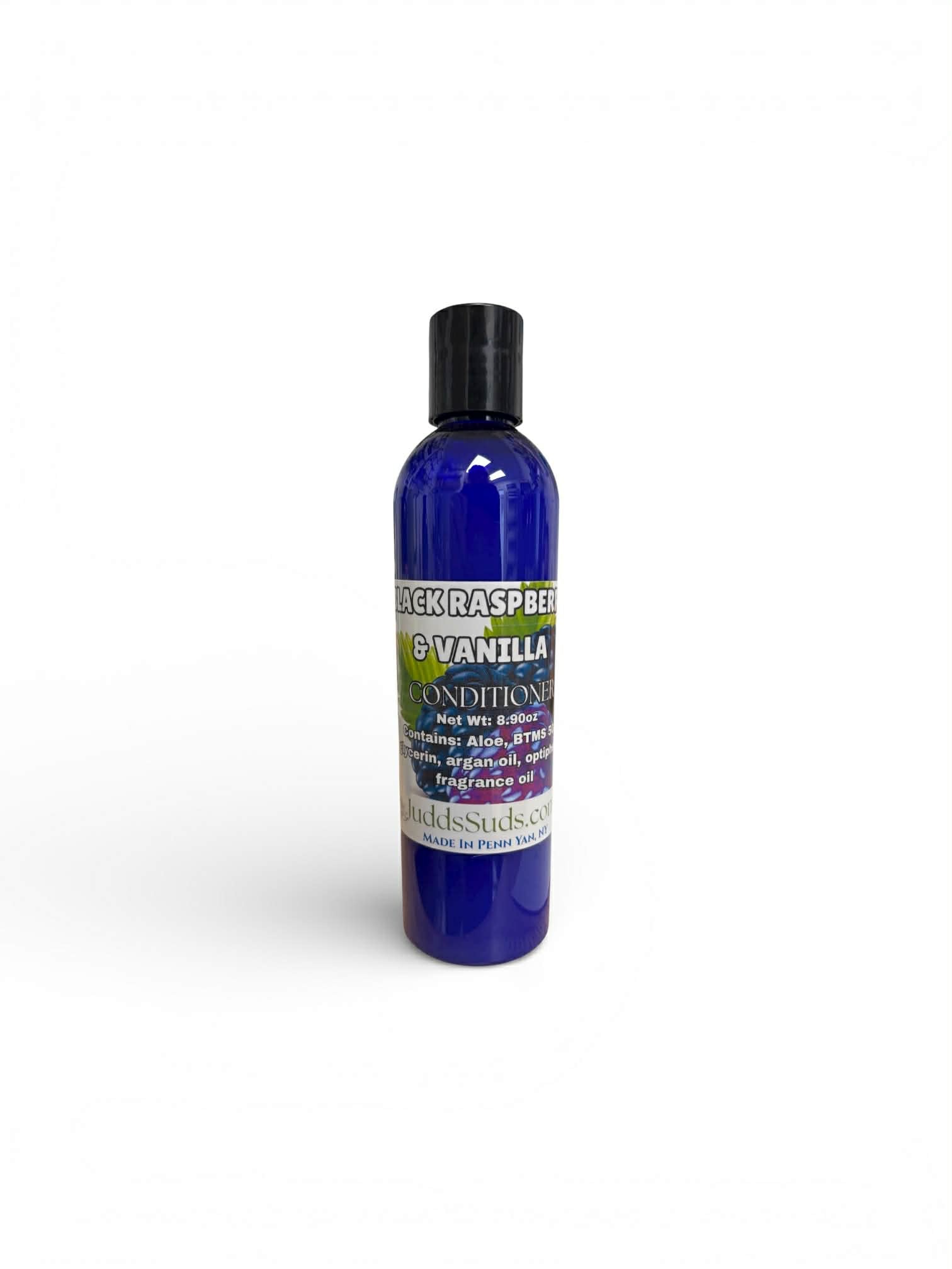Bottle of raspberry and vanilla product on a white background