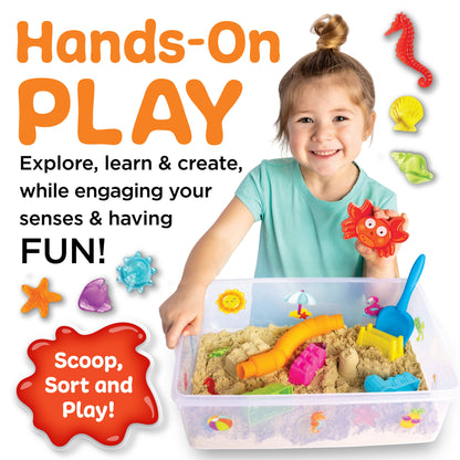 Child playing with sand toys in a container, surrounded by colorful sand toys and text about hands-on play.