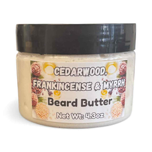 Jar of Cedarwood, Frankincense & Myrrh Beard Butter with a black lid on a white background