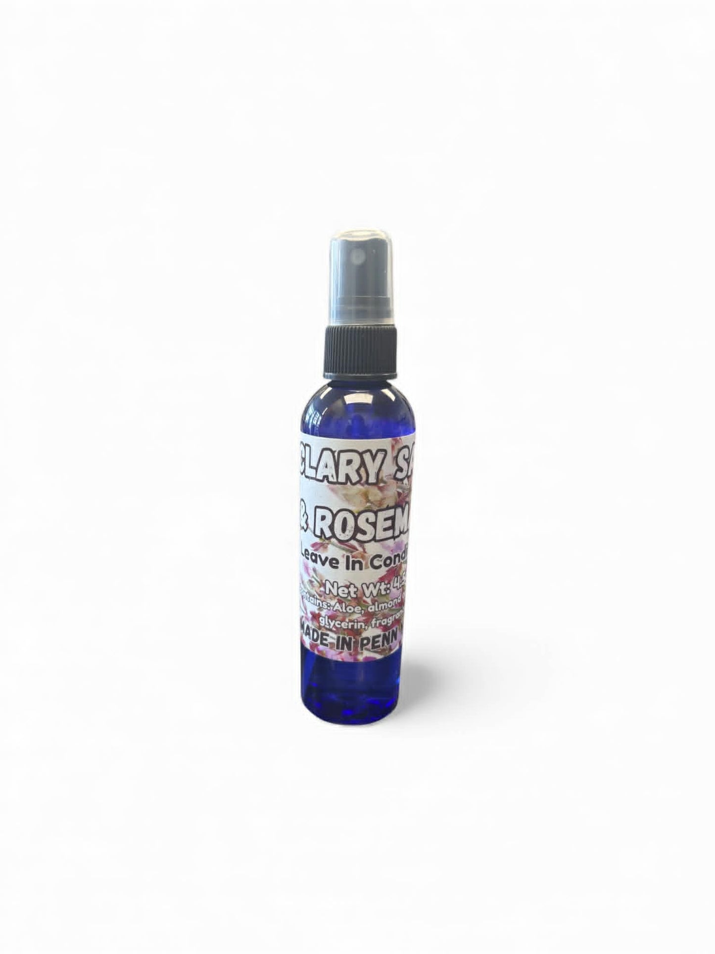 Bottle of hair product with a blue label on a white background