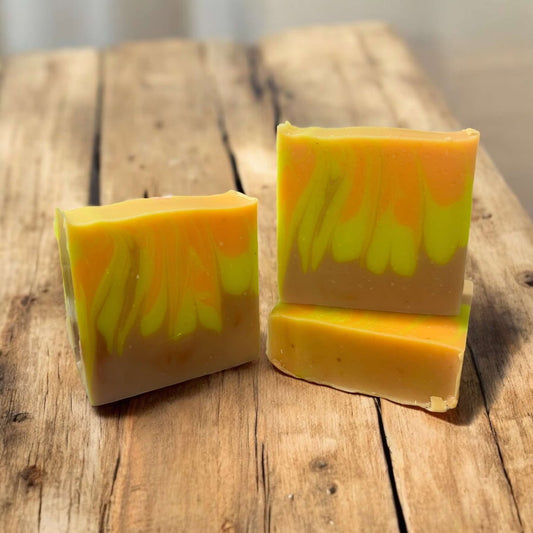 4oz soap bar, colored gold, yellow and orange
