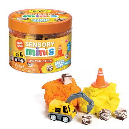 Dig, build, and play anywhere with the Construction Sensory Mini Play Kit! A compact jar filled with soft cloud clay, mini trucks, and building fun for kids ages 3+.