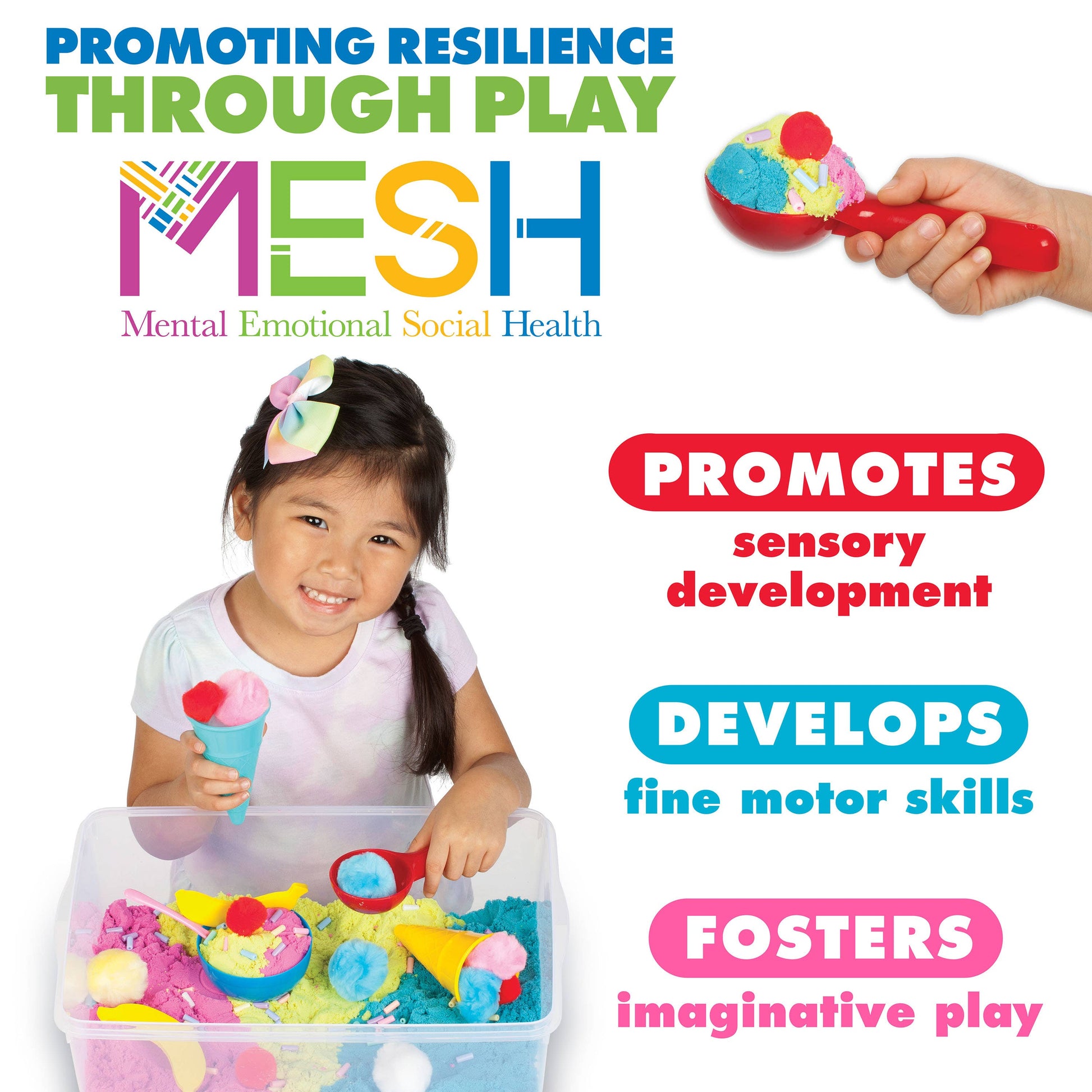 Sensory bin contains, sensory sand, foam bananas, ice cream cones, spoon, ice cream scoop, rainbow beads, bowl, and pom poms