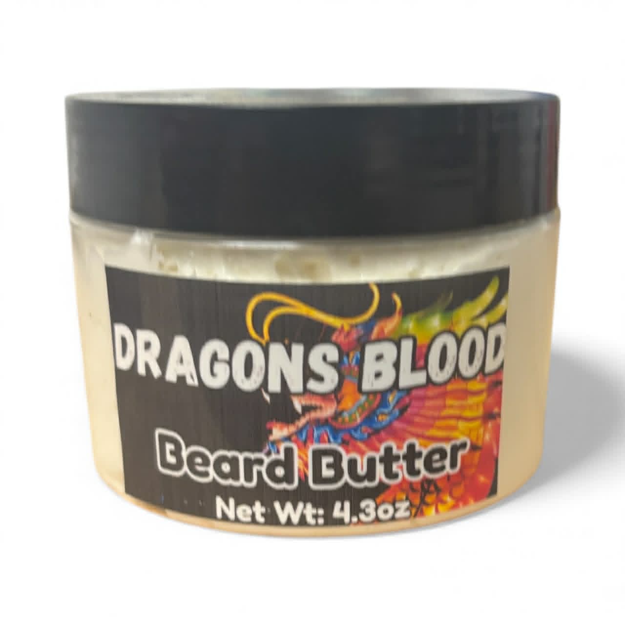 Jar of 'Dragons Blood' beard butter with a colorful label on a white background