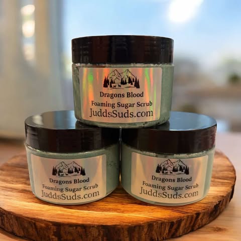 5oz jar of foaming sugar scrub, colored teal, scented with dragons blood fragrance oil