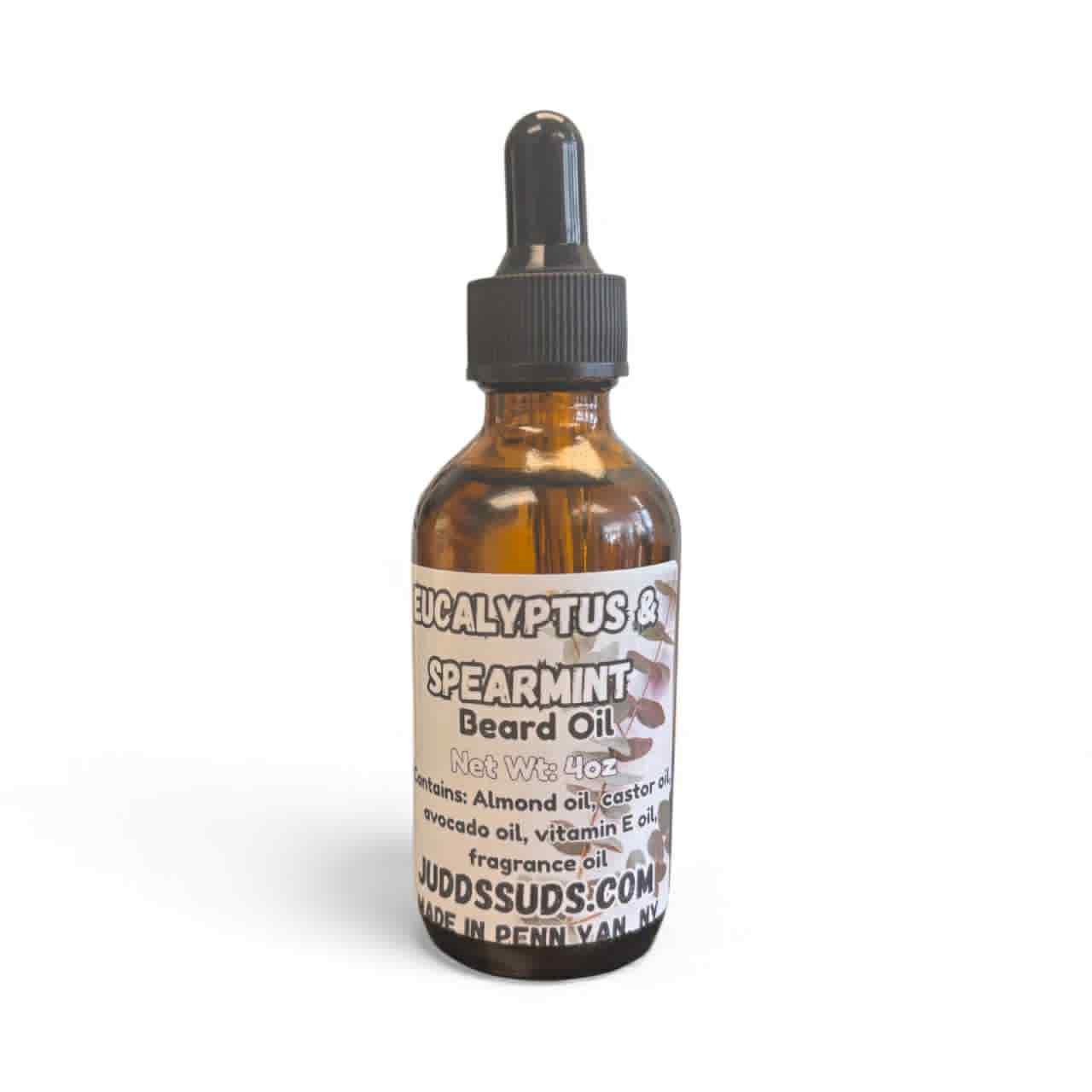 Bottle of Eucalyptus & Spearmint Beard Oil with a dropper on a white background