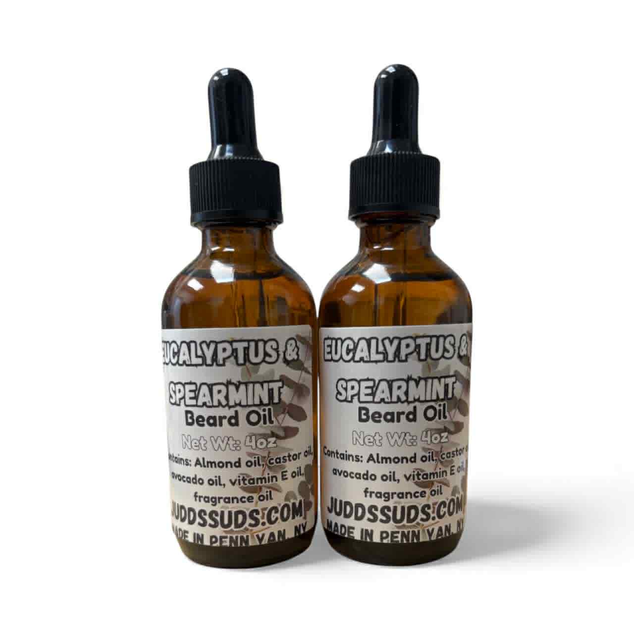 Two bottles of Eucalyptus & Spearmint Beard Oil by Judds Suds on a white background