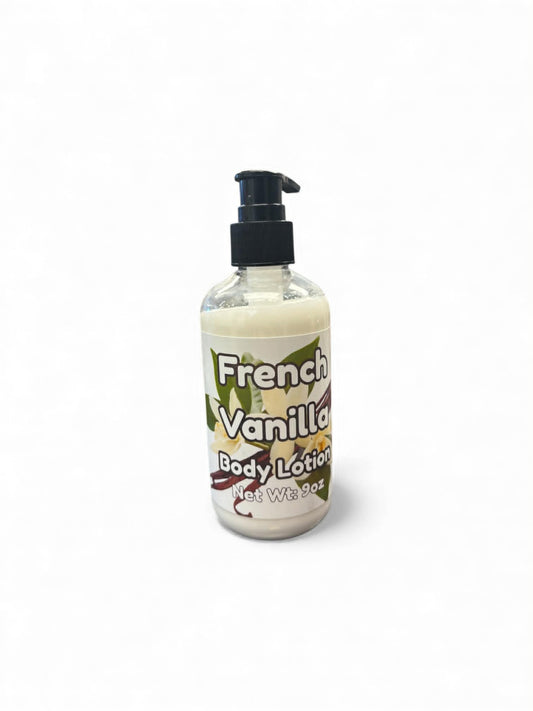 Bottle of French Vanilla body lotion on a white background