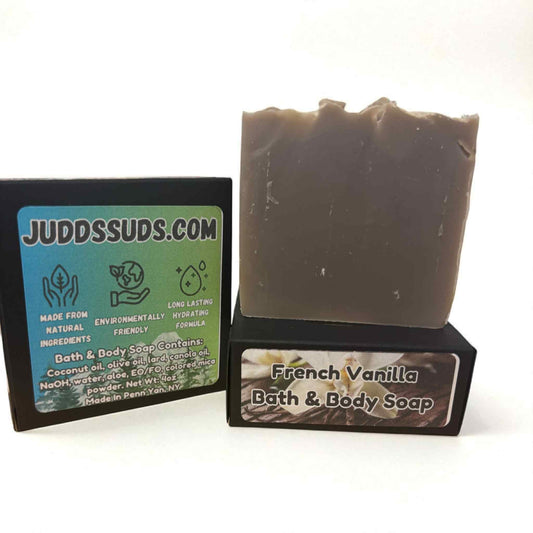 French Vanilla Bath & Body Soap with packaging on a white background