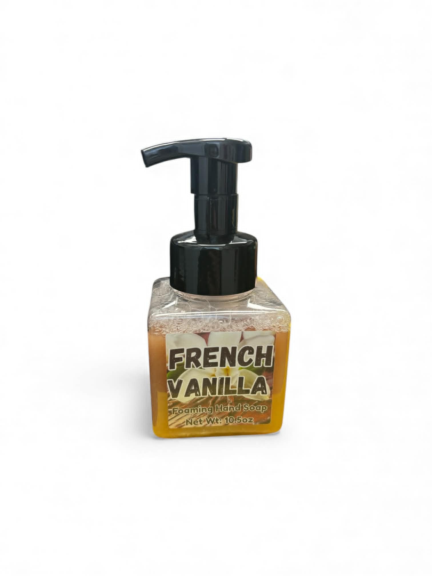 Bottle of French Vanilla soap with a pump on a white background