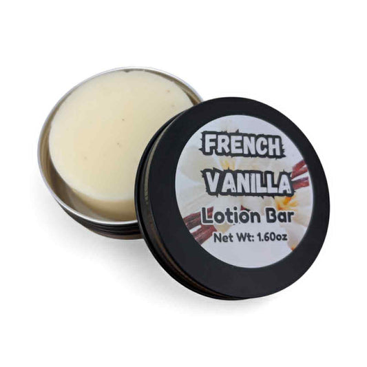 French Vanilla lotion bar in a container with a label on a white background