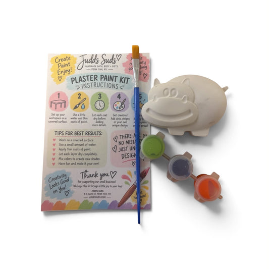 Judd's Suits Plaster Paint Kit with a pig-shaped mold, instruction booklet, paint brush, and three small paint pots on a white background.