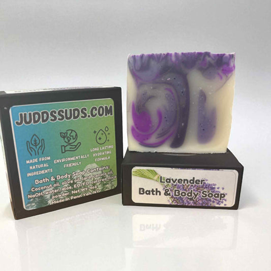 Lavender bath and body soap with packaging on a white background