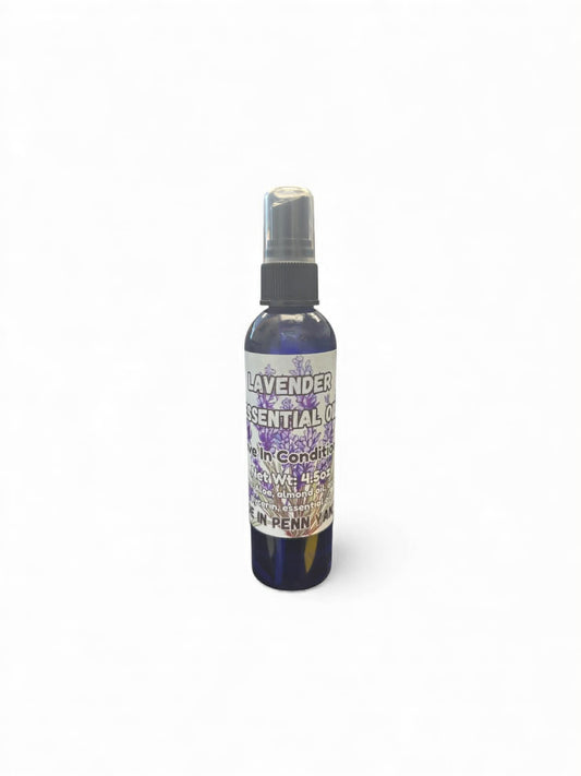 Bottle of lavender essential oil spray conditioner on a white background