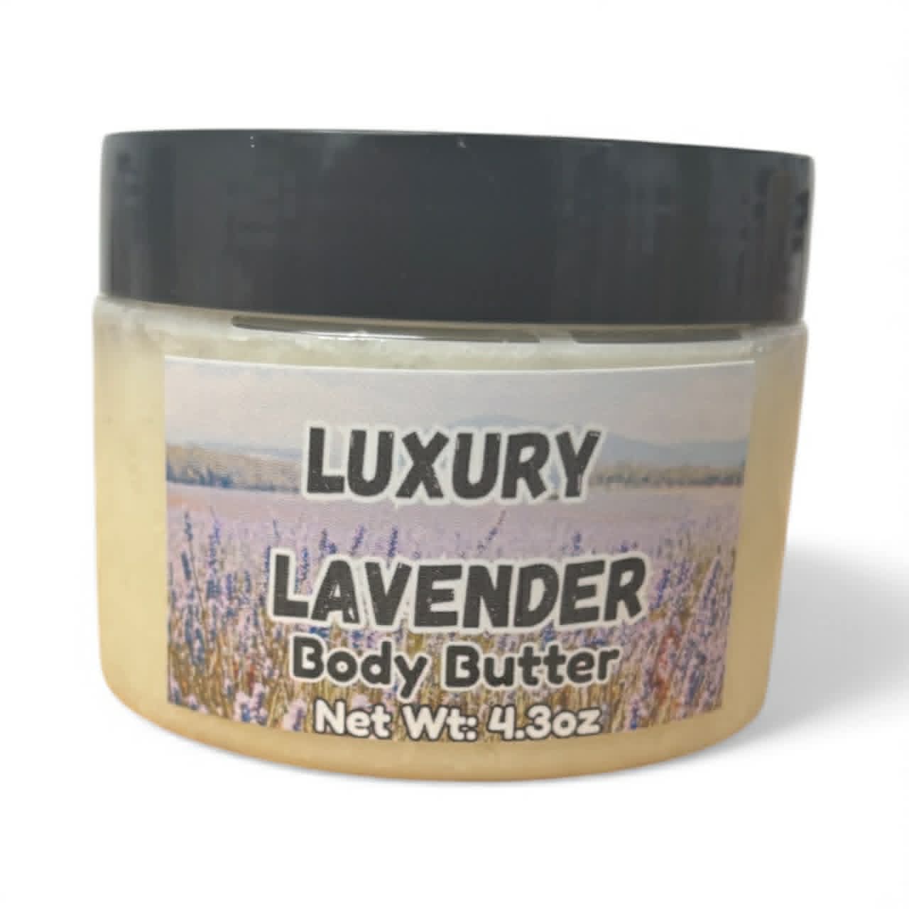 Jar of luxury lavender body butter with a black lid on a white background