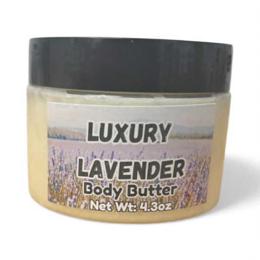 Jar of luxury lavender body butter with a black lid on a white background