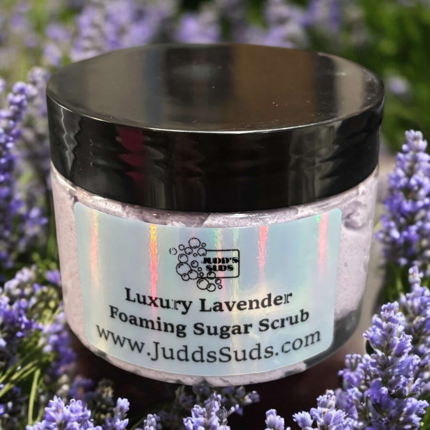 5oz jar of foaming sugar scrub, colored purple. Scented with luxury lavender fragrance oil. 