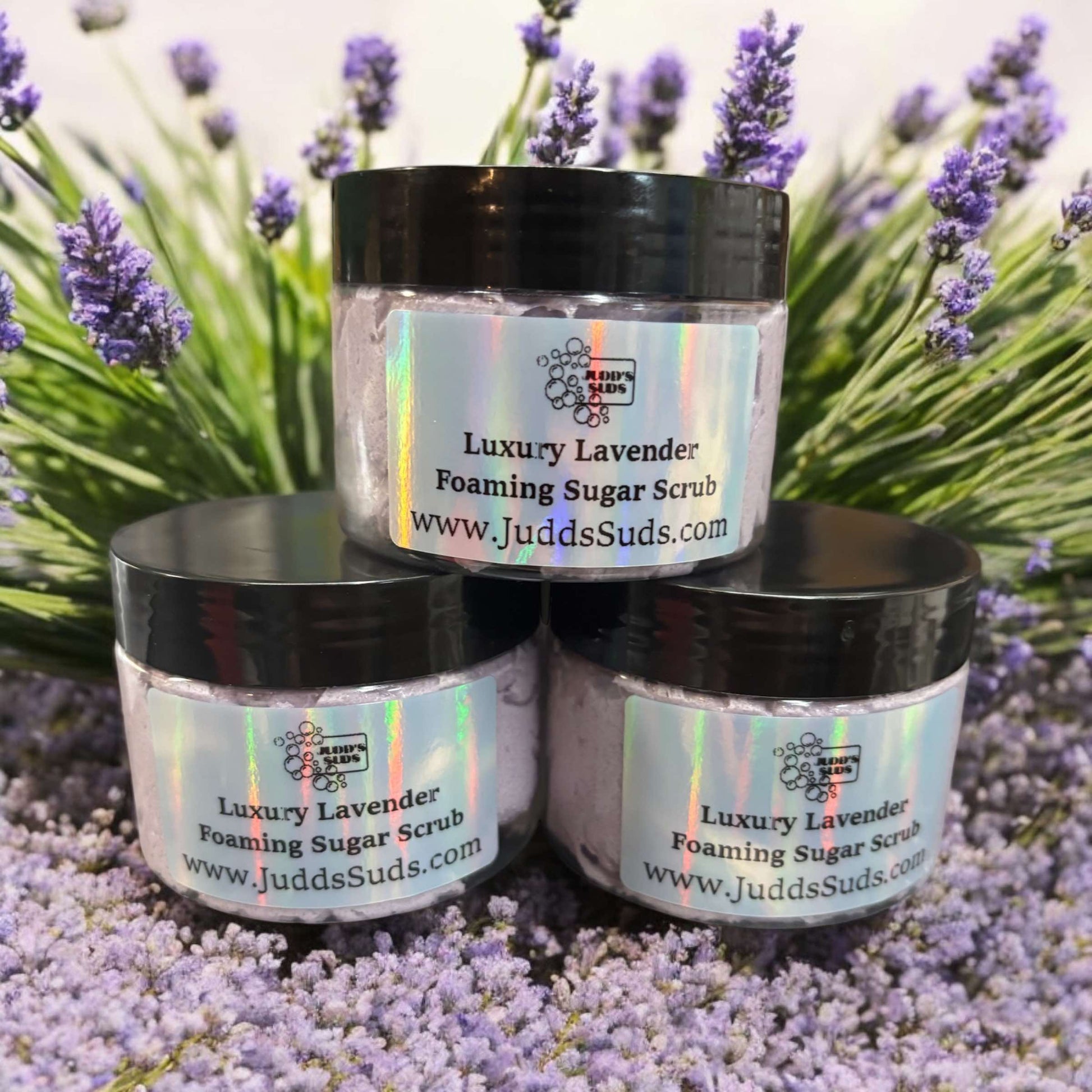 5oz jar of foaming sugar scrub, colored purple. Scented with luxury lavender fragrance oil. 