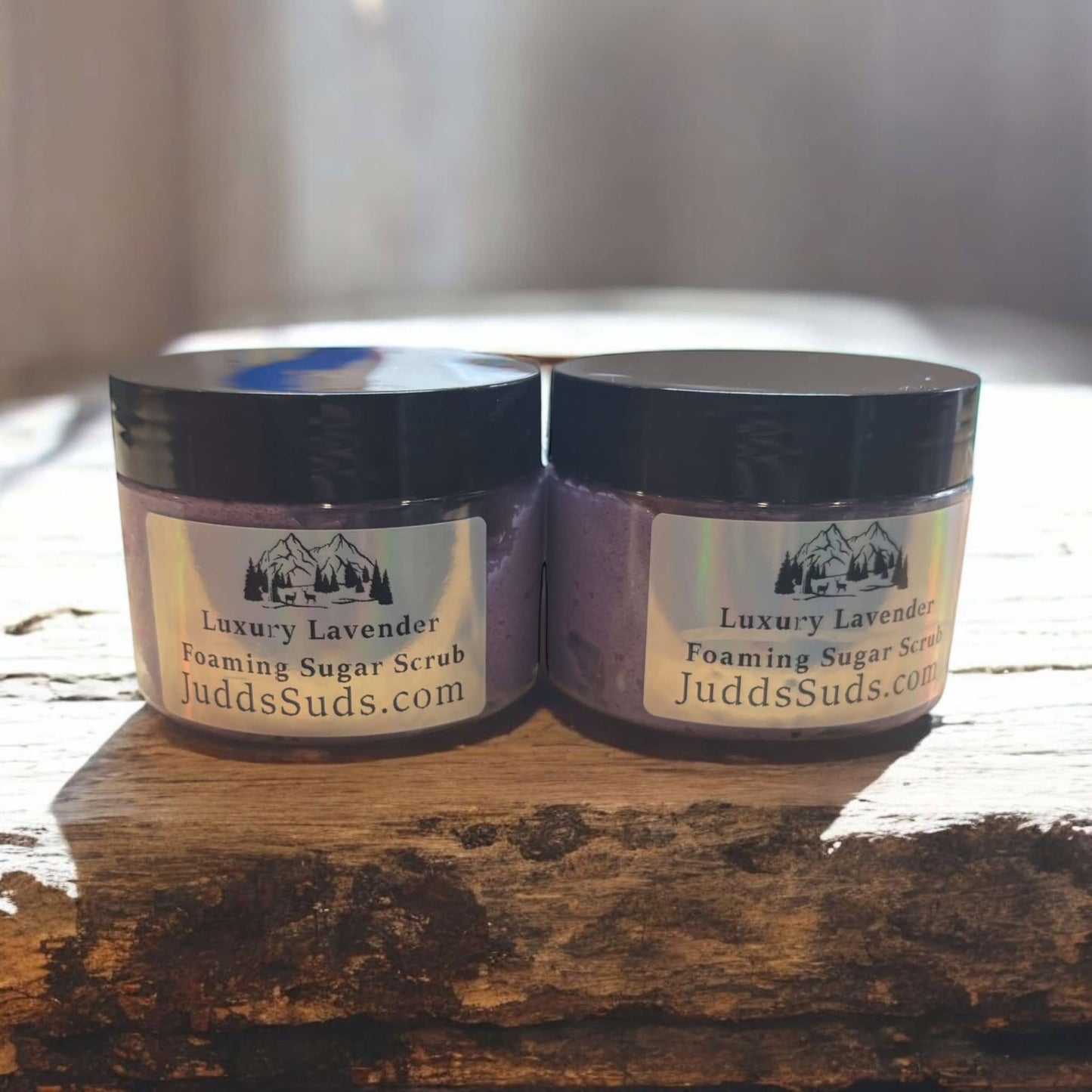 5oz jar of foaming sugar scrub, colored purple. Scented with luxury lavender fragrance oil. 