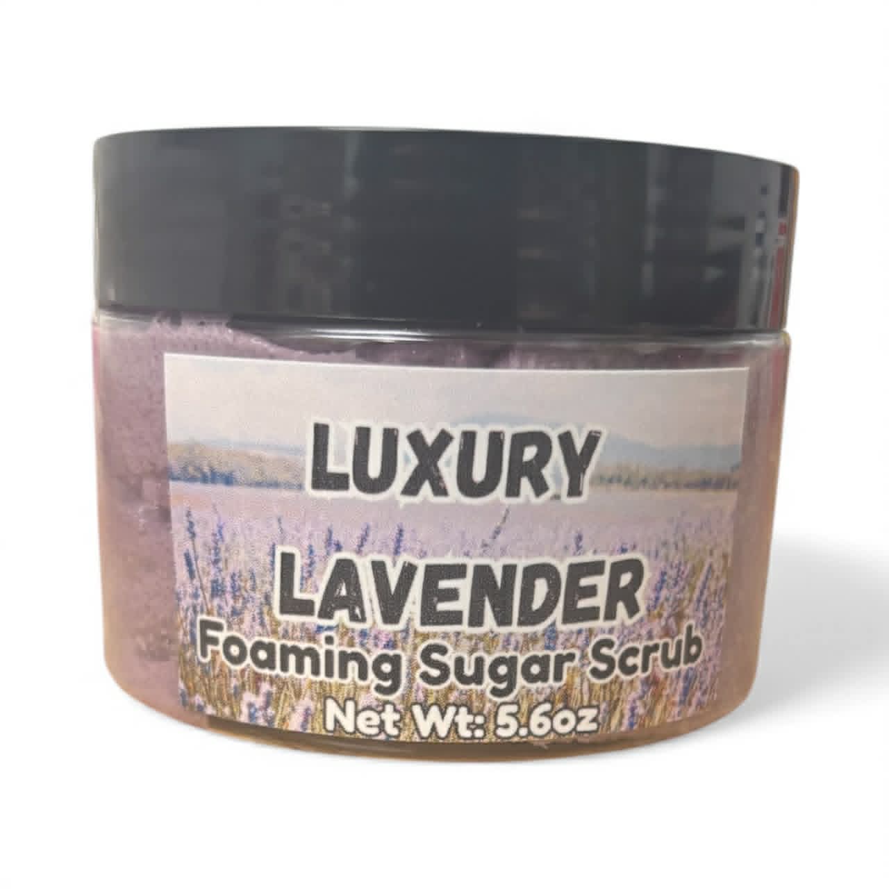 Luxury Lavender Foaming Sugar Scrub jar with black lid on a white background