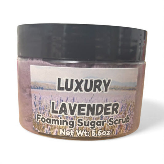 Luxury Lavender Foaming Sugar Scrub jar with black lid on a white background