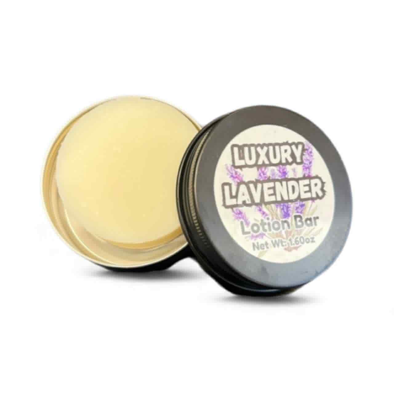 Luxury Lavender Lotion Bar with packaging on a white background