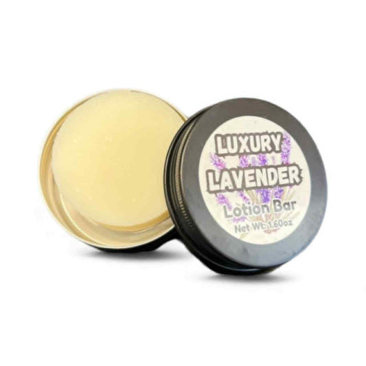 Luxury Lavender Lotion Bar with packaging on a white background