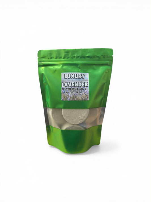 Green packaging of luxury lavender shower steamers on a white background