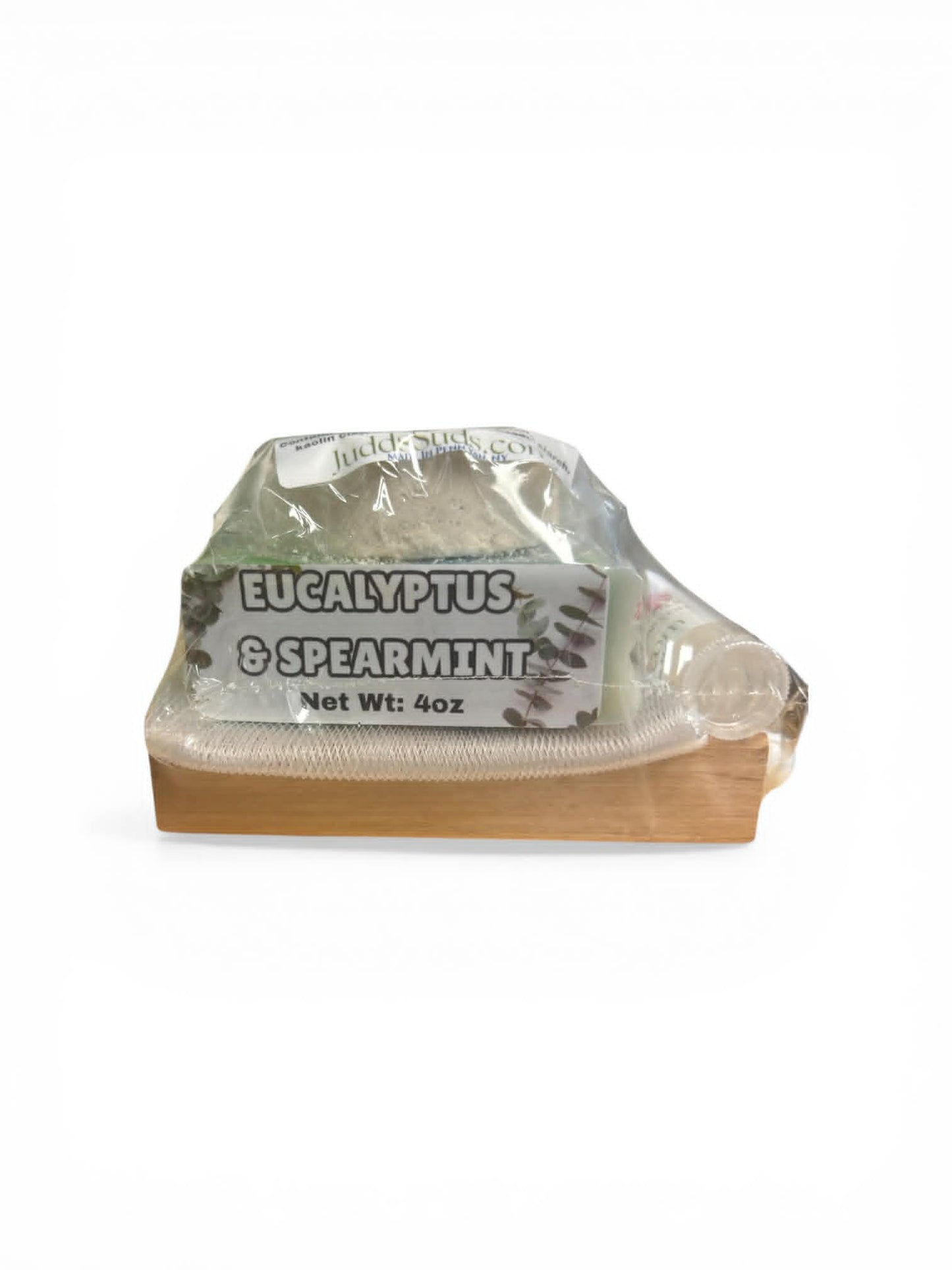 Eucalyptus & Spearmint soap bar in a clear plastic bag on a white background
