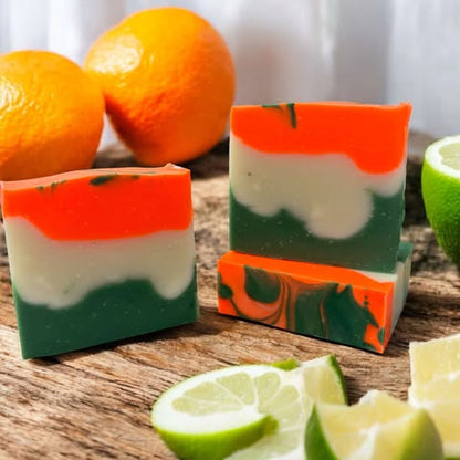 4oz soap bar, colored orange, white and green. Scented with orange and lime essential oil