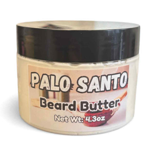 Jar of Palo Santo Beard Butter with a black lid on a white background