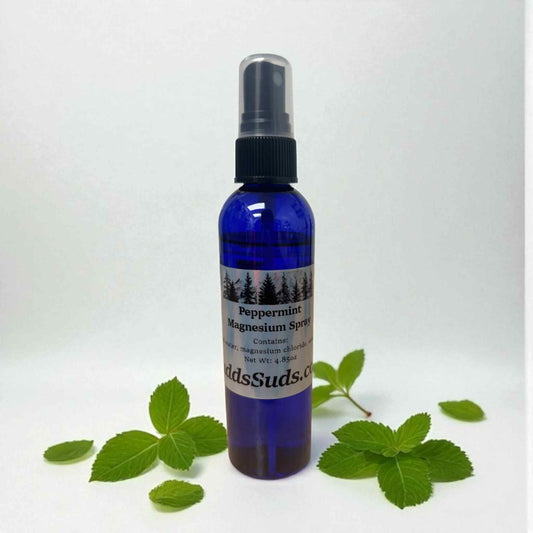 Blue spray bottle with peppermint magnesium spray on a white background with mint leaves.