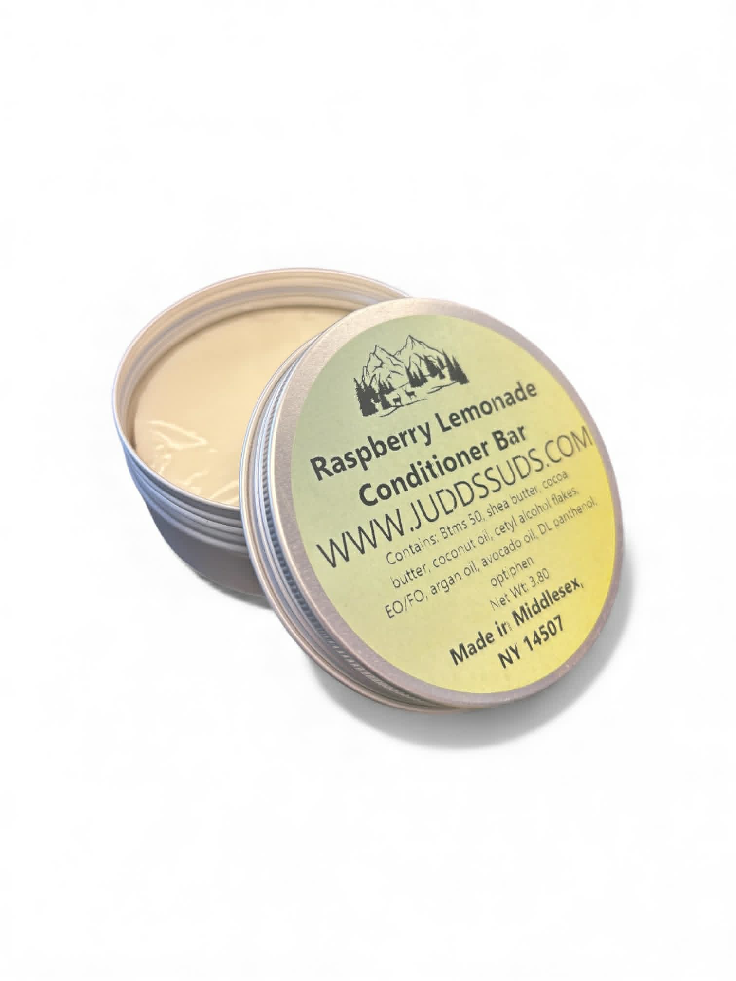 Raspberry Lemonade Conditioner Bar in a tin with Judd Suds branding on a white background