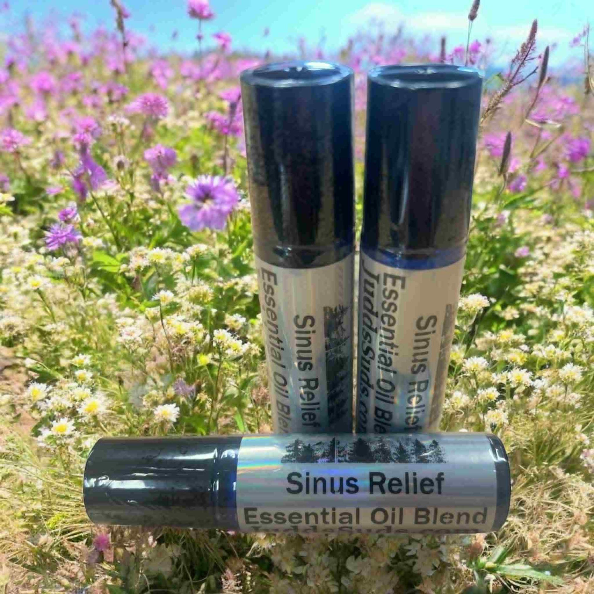 Glass roller bottle containing an essential oil blend to help with sinus congestion