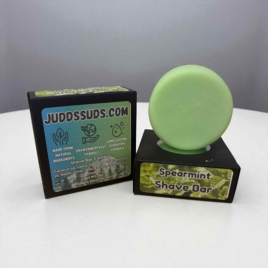 Spearmint Shave Bar with packaging on a white surface