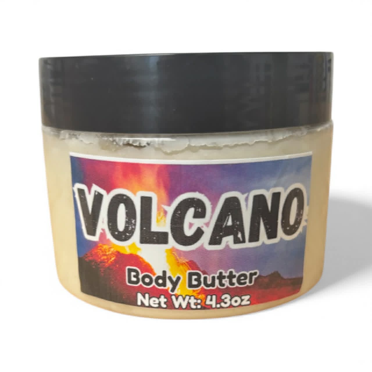 Jar of Volcano body butter with a colorful label on a white background