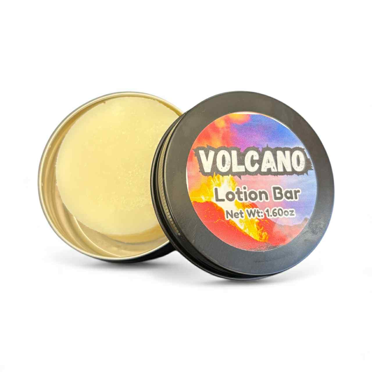 Lotion bar in a gold container with a colorful label on a white background