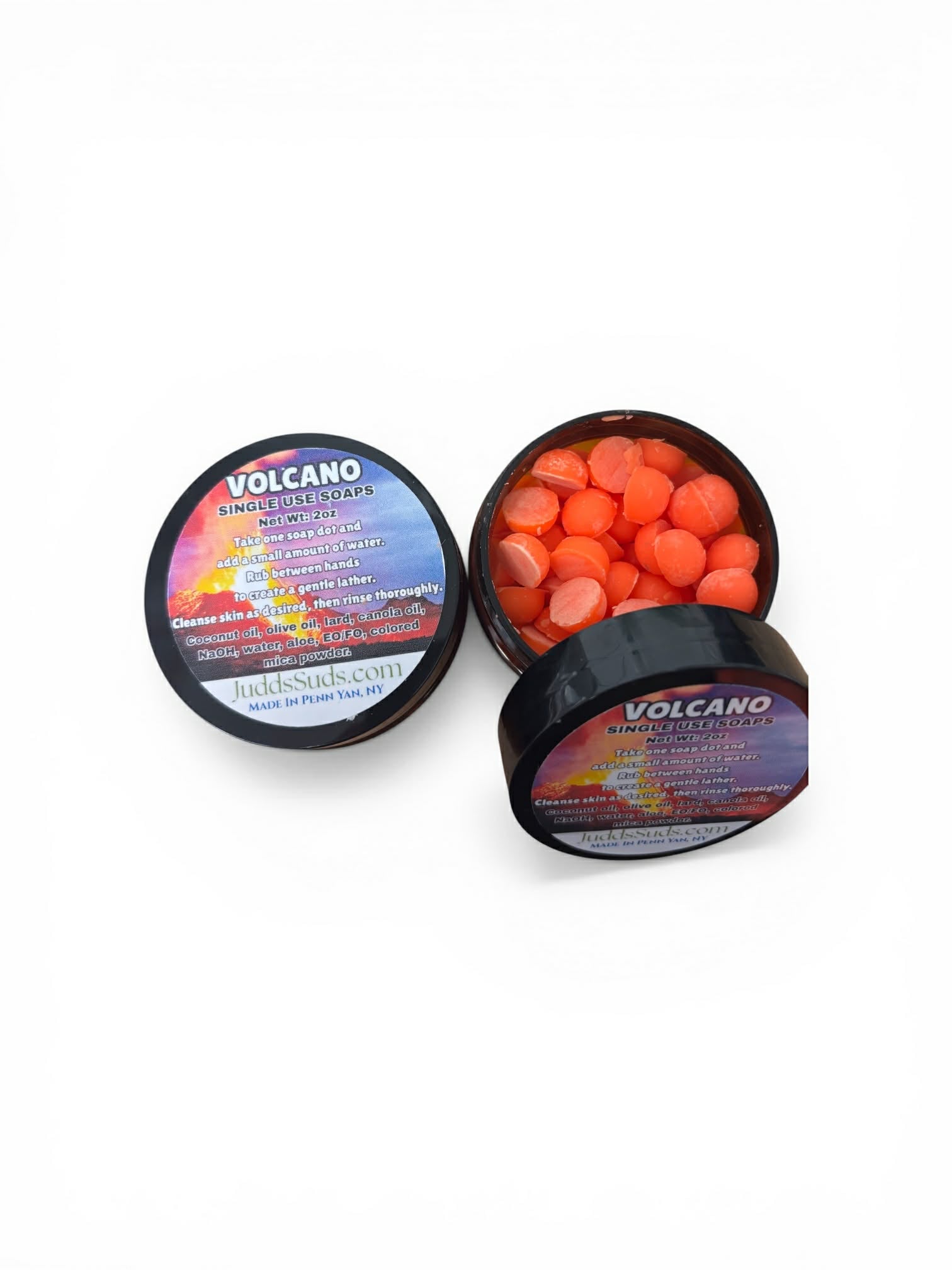 volcano single use soaps. orange soaps dots
